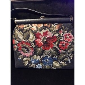 Vintage Signed JR Florida Leather, Floral Cross stitch /Tapestry Large Bag